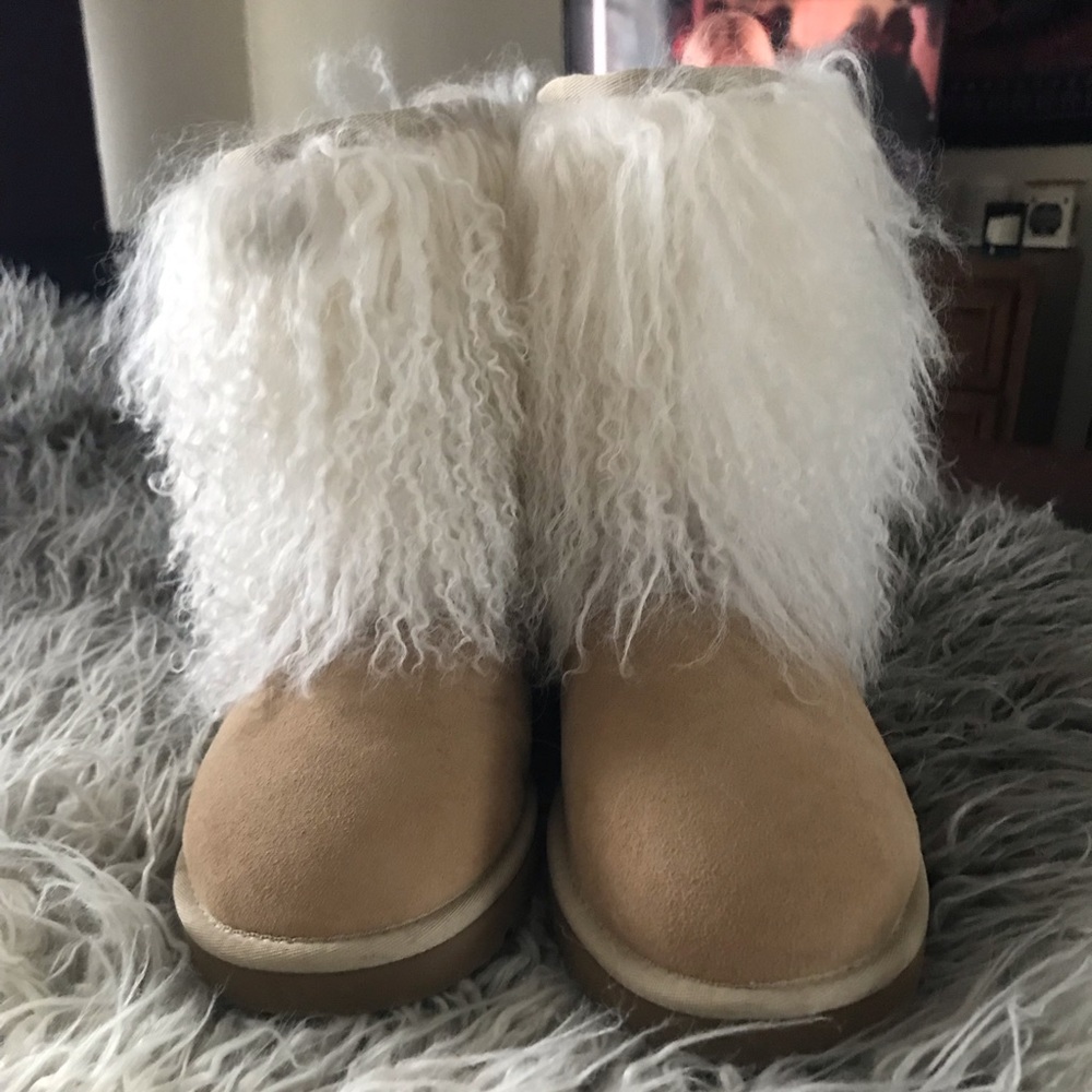Cream and white Mongolian fur uggs